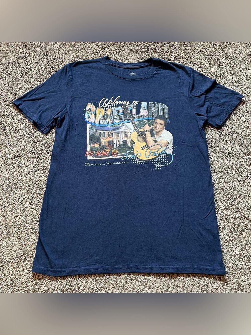 navy blue Elvis Presley Graceland postcard tee